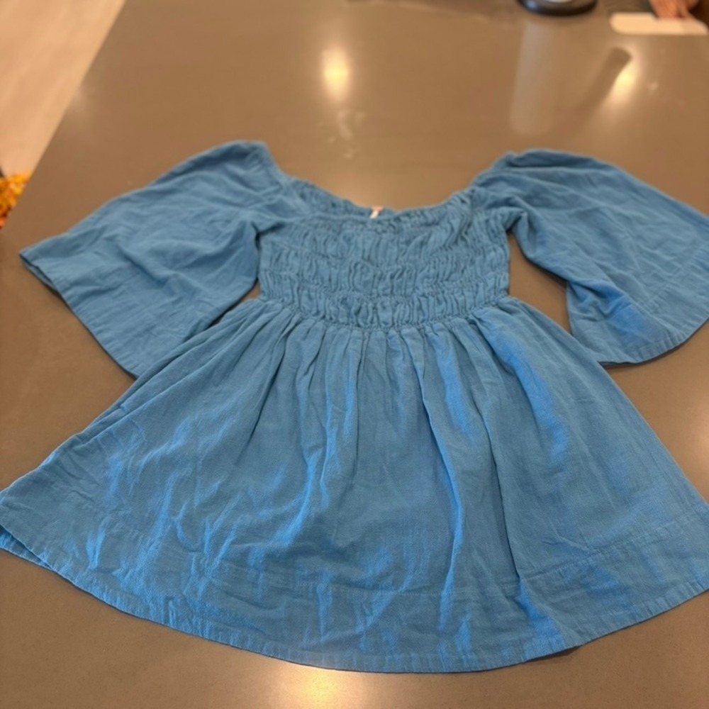 Free People Blue Smocked Bell Sleeve Womens Size Medium Boho Square Neck